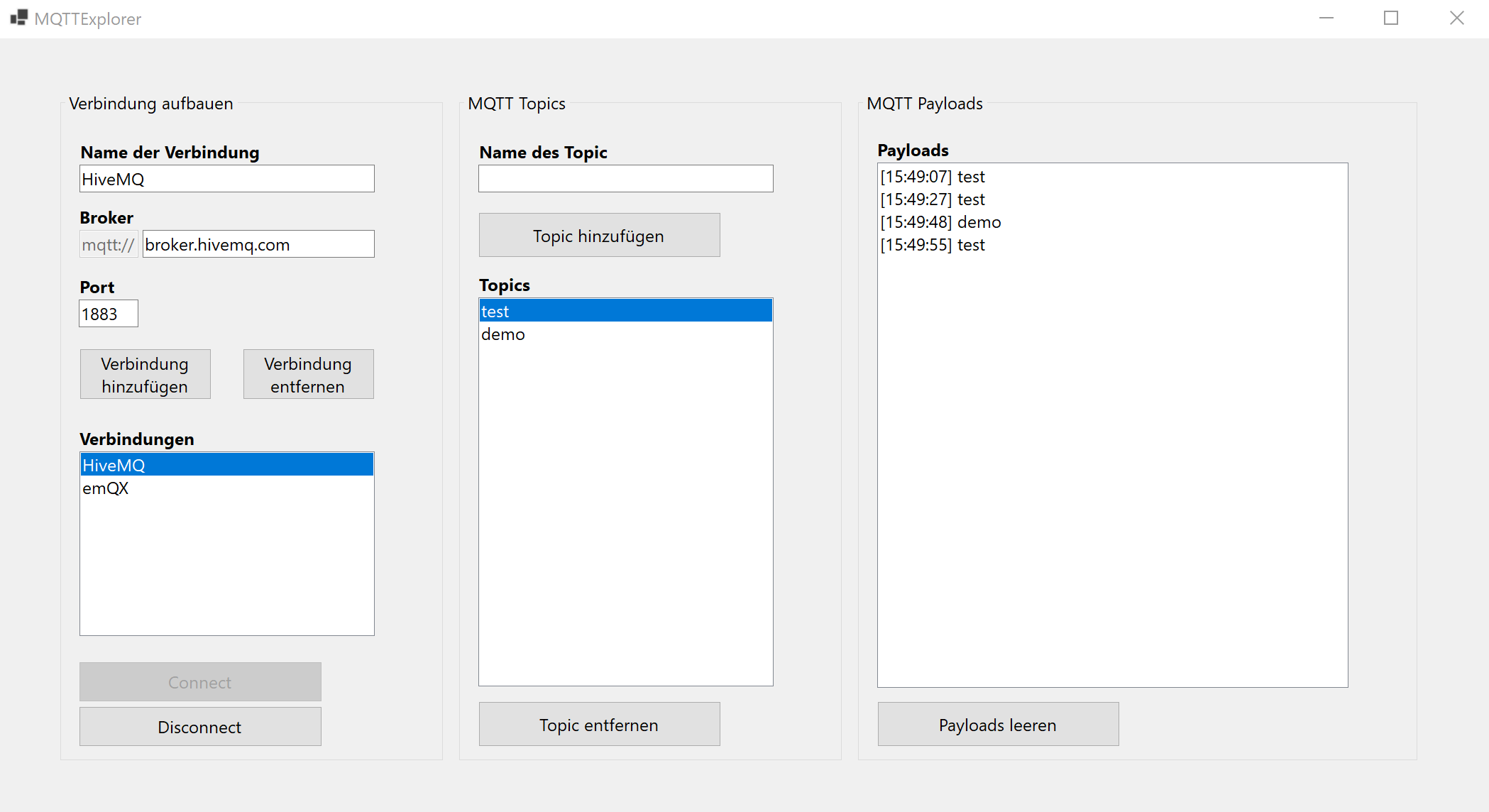 MQTT Explorer desktop application showing connections and subscribed topics