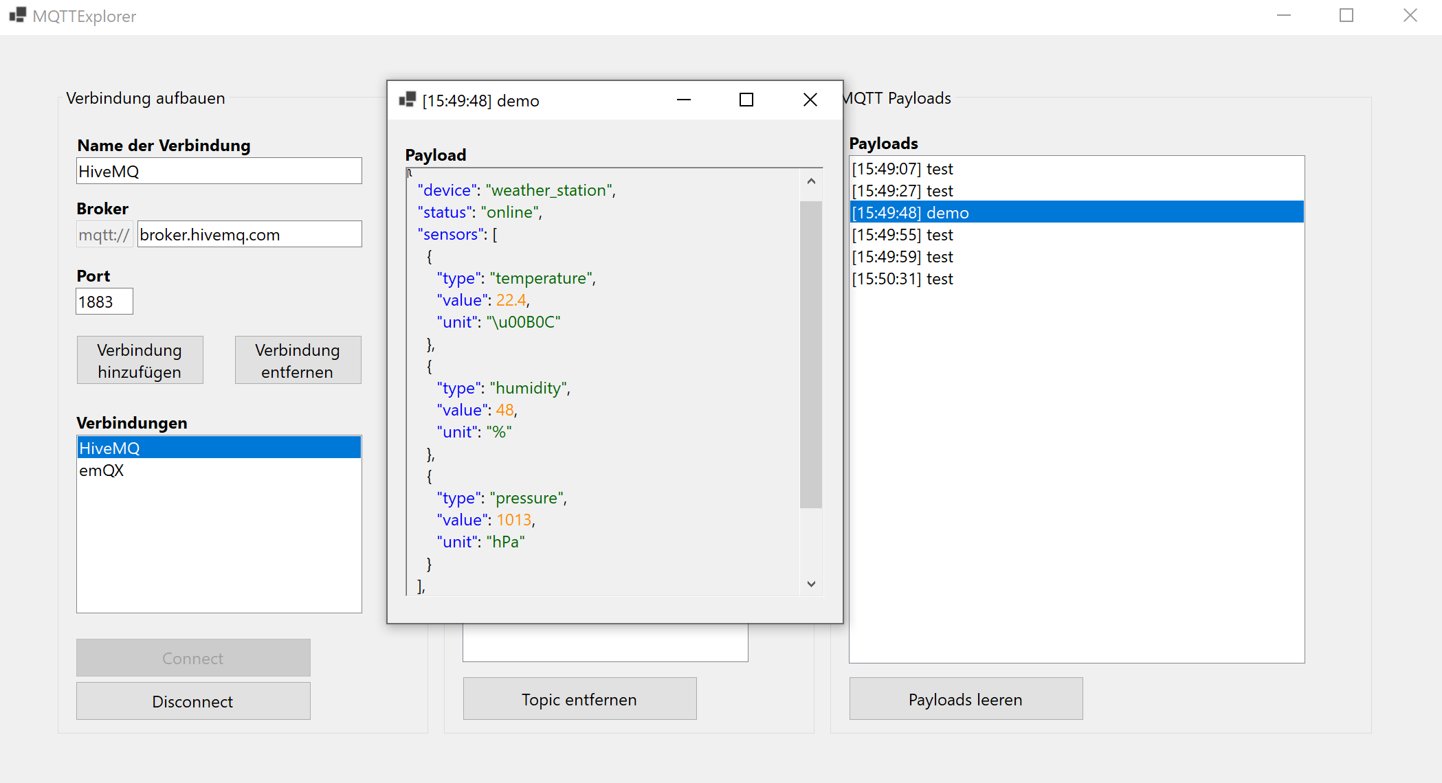 MQTT Explorer payload viewer showing JSON data